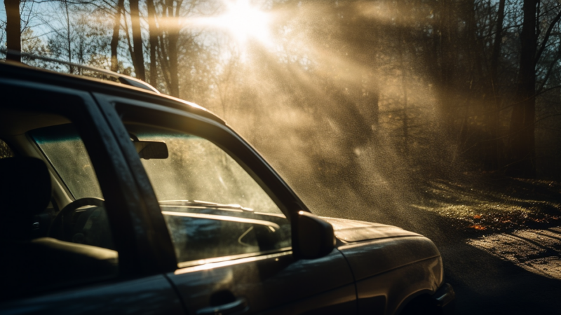 car on forest road with bright sunlight coming in through the windshield